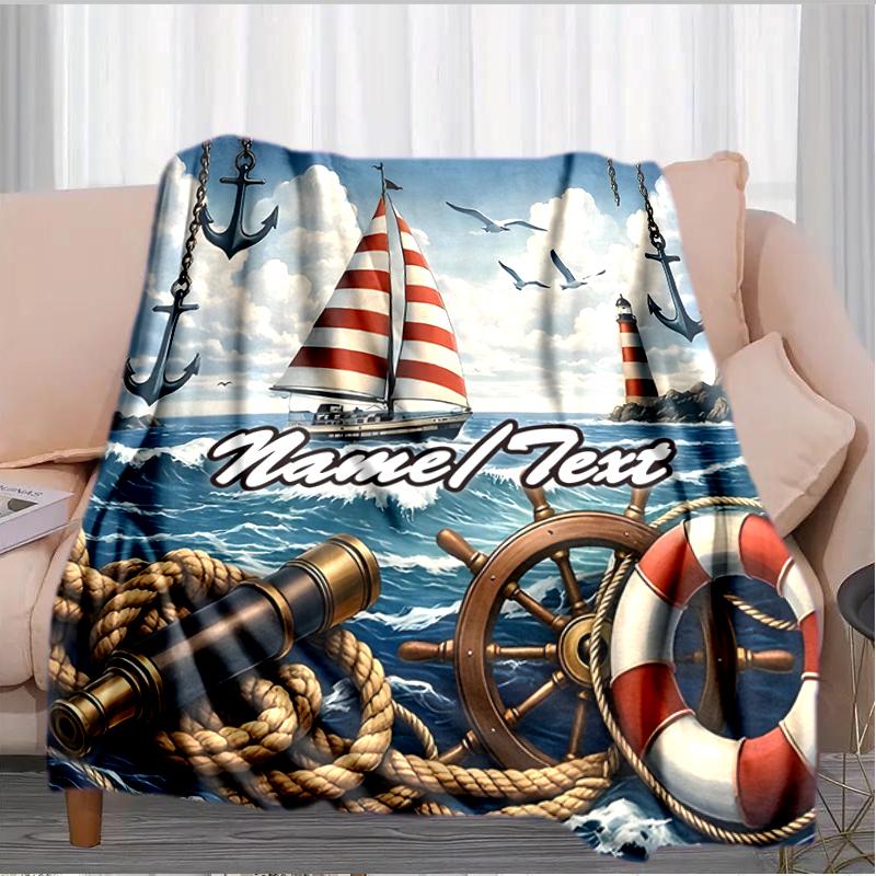 1PC Custom Name Sailboat Adventure Sea Outdooor Flannel Blankets Throw Blanket All-Season Throw Gift Bedspread for Couch, Bed, Camping Holiday Birthda