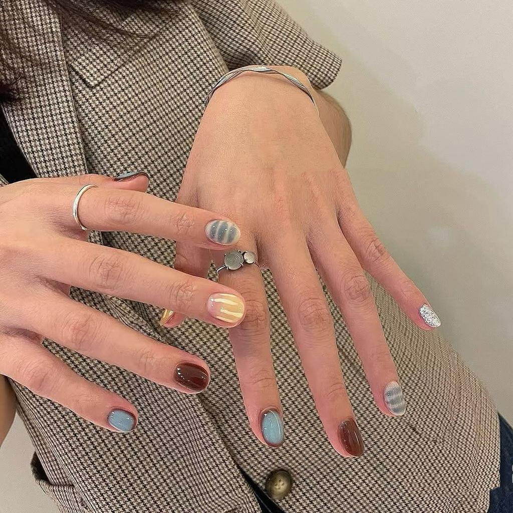 10Pcs Blue Gradient Short Square Round Handmade Press On Nails Gentle French Fake Nails Fashionable Nail Tips