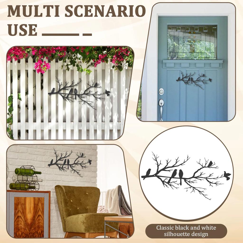 2Pcs Black Iron Branch Bird Style Wall Art Smooth Surface Branch Bird Silhouette Wall Decor for Home Balcony Garden
