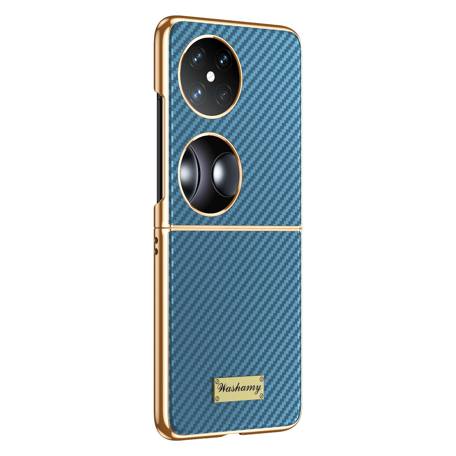 

Carbon Fiber Texture Cowhide Leather Case for Huawei P50 Pocket Pocket-S Electroplated Camera Lens Protection Bumper Hard Cover PocketS індиго