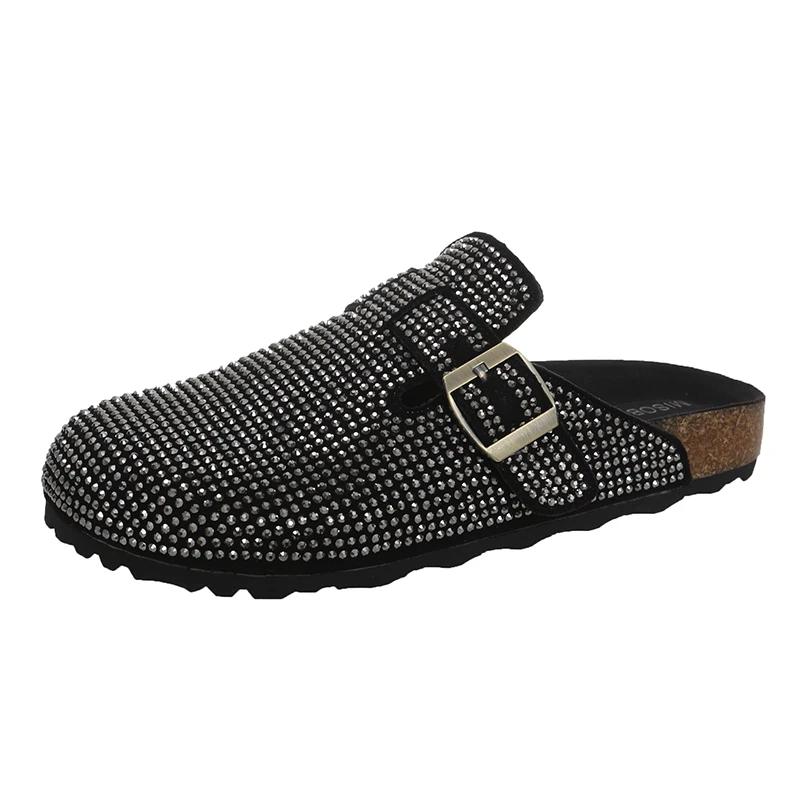 Women's Mules Flat Sole Rhinestones Cover Toe One Kick Women's Slippers Dress Retro Spring Autumn Zapatillas De Mujer
