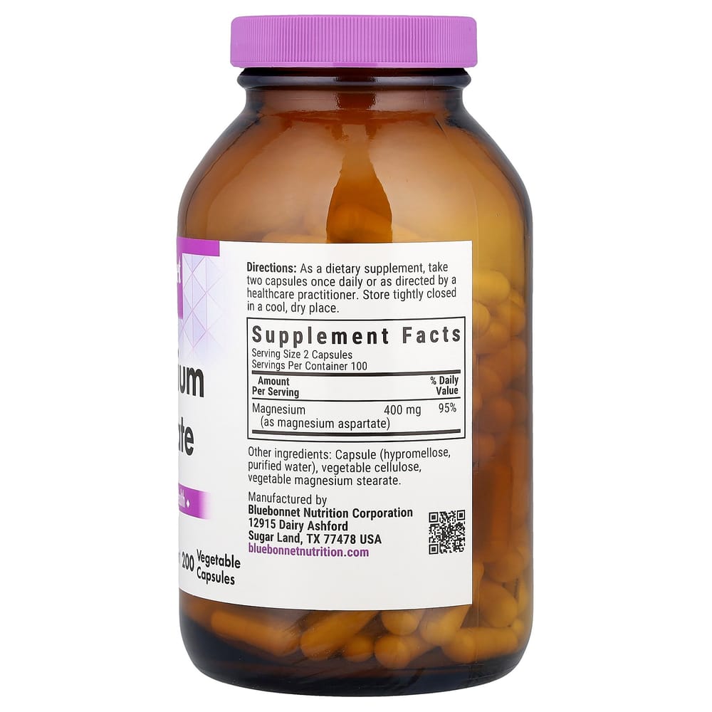 Bluebonnet Nutrition Magnesium Aspartate 200mg Veggie Capsules, 200 Count