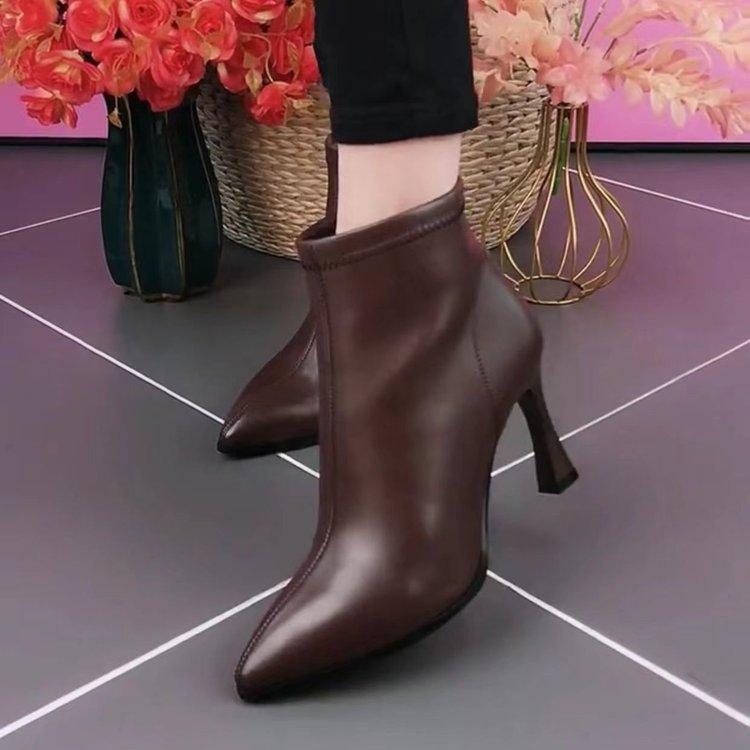 Winter New Comfortable Soft Leather Pointed Temperament Women's Boots Soft Sole Soft Surface Single Boots Autumn and Winter Zipper Short Boots Women