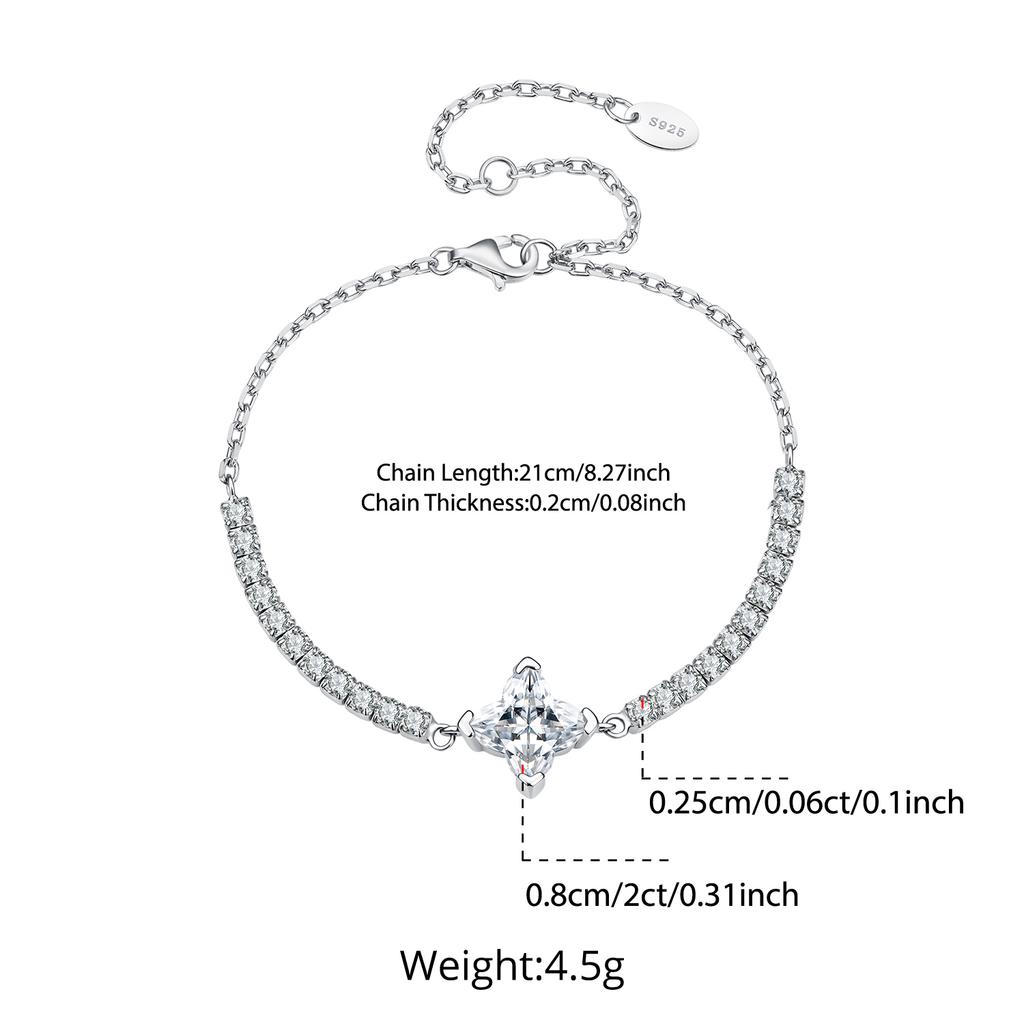 BAMOER 2CT Four-Leaf Clover Moissanite Bracelet 925 Sterling Silver Adjustable Wrist Link Lucky Chain for Women