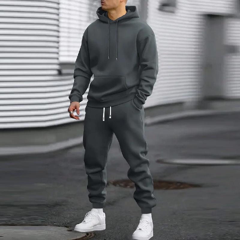 Men's Solid Color Hooded Sweatshirt and Pants Set - 2025 Autumn/Winter Casual Sportswear