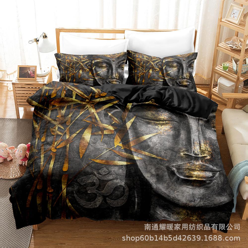 3D Digital Printing Bedding Four-Piece Set Three-Piece Set Buddha Statue Bed Sheet Quilt Pillow