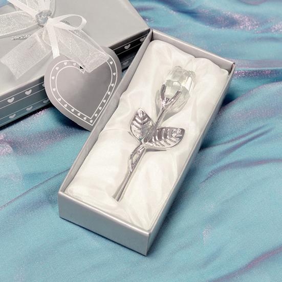 Faux Crystal Rose Flower Gift with Metal Stem Clear Flower Figurine with Gift Box