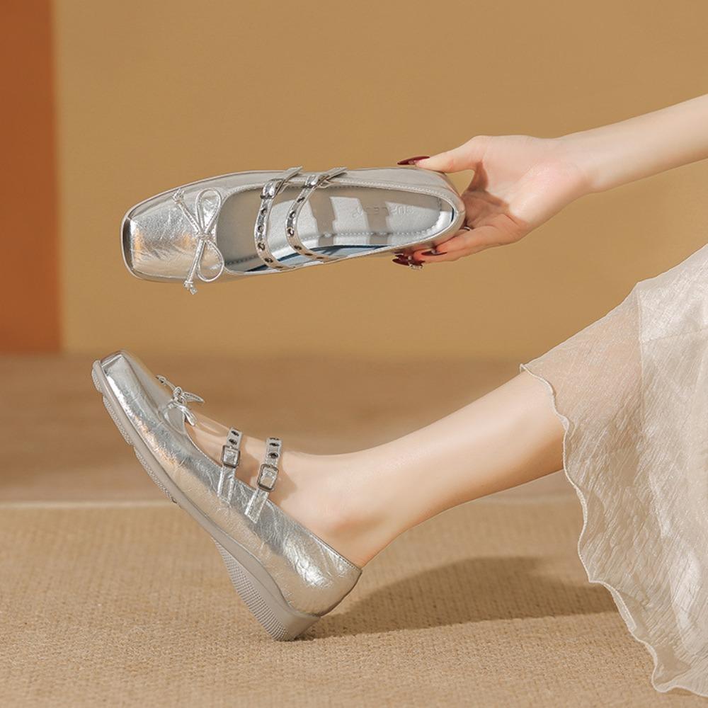 Fashion Silver Fishing Light Ballet Shoes for Women Wearing Fairy Style Bow Bow Square Toe Flat Mary Jane Shoes with Skirt and Pumps