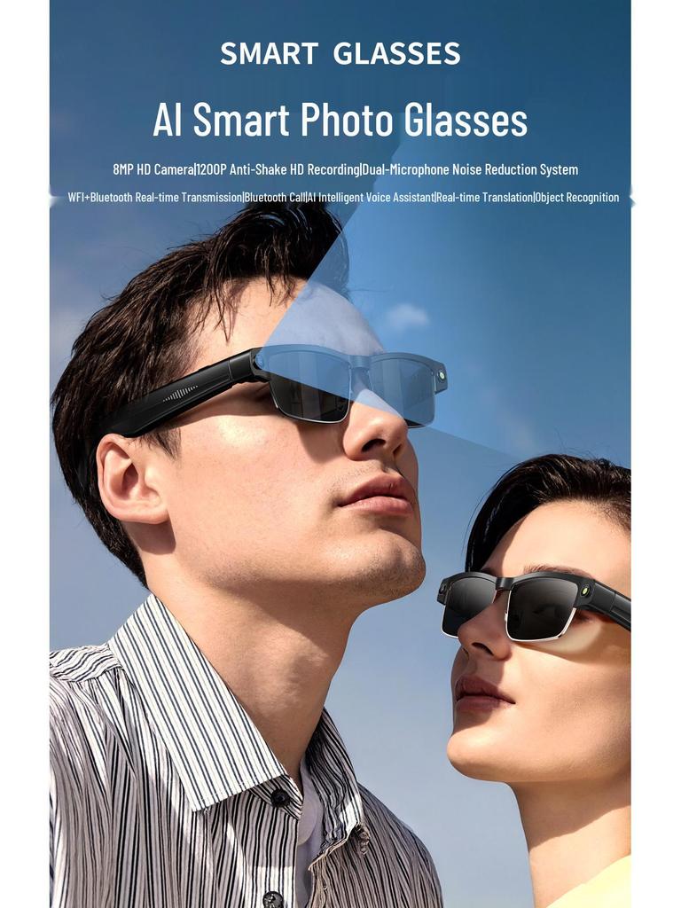 Lunettes Métalliques Bluetooth Intelligentes: Changement de couleur, Lecture de musique, Caméra 8MP, Traduction globale