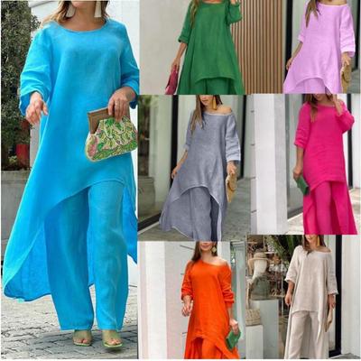 Verão Moda Feminina Casual Algodão Linho Terno Manga Comprida Irregular Calças de Perna Larga Terno de Duas Peças Plus Size