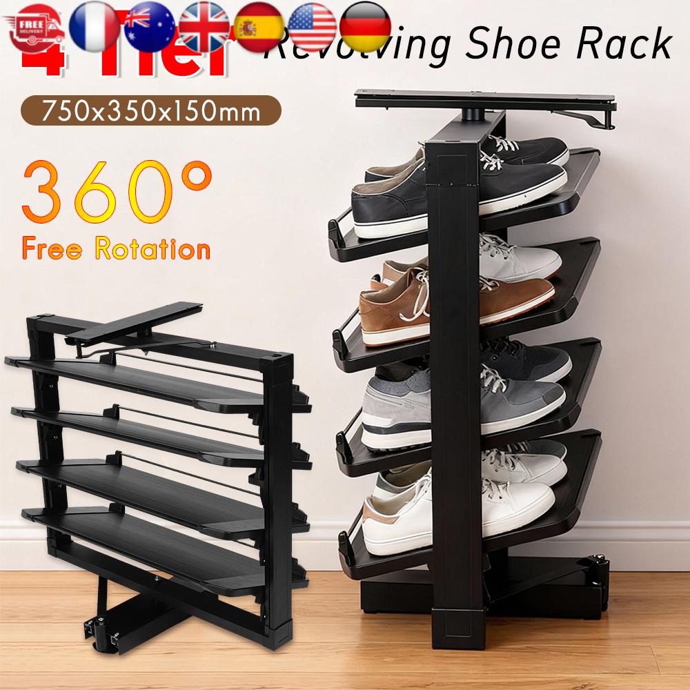 360° Rotating Metal Shoe Rack Pull-Out 4 Tier Adjustable Height Vertical Shelf Organizer Space Saving for Bedroom Closet Storage