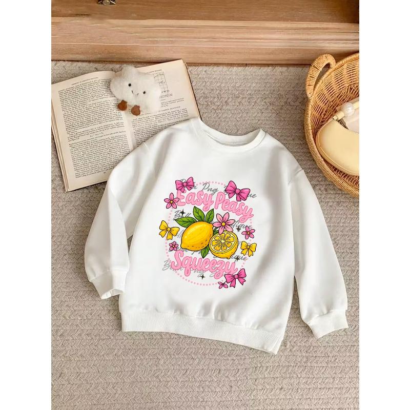 European sizes Lemon Bow Print Sweater - White Round Neck Pullover Sweaters , Cute Lemon & Bow Design, Casual Fall/Winter Outfits