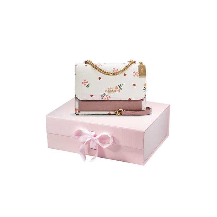Coach Klare 22 Heart Flower Print Flap Chain Coated Canvas And Leather Accordion Shoulder Crossbody Bag Small Women Bags Pink White C7596-IMCAH