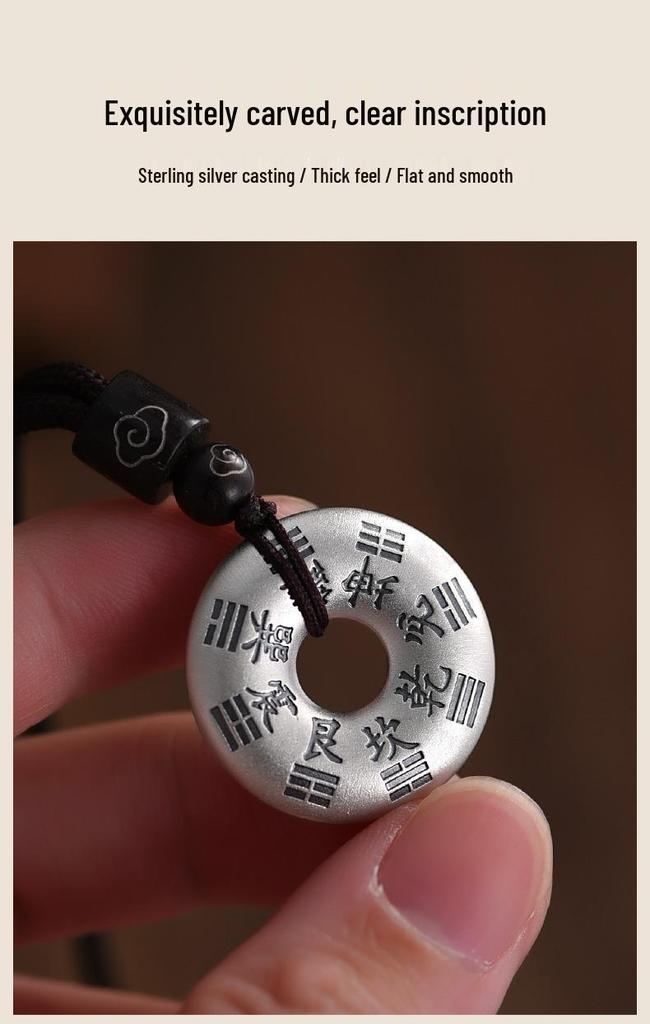 Sterling Silver Bagua Pendant Necklace with Woven Rope - Chinese Style Unisex Design