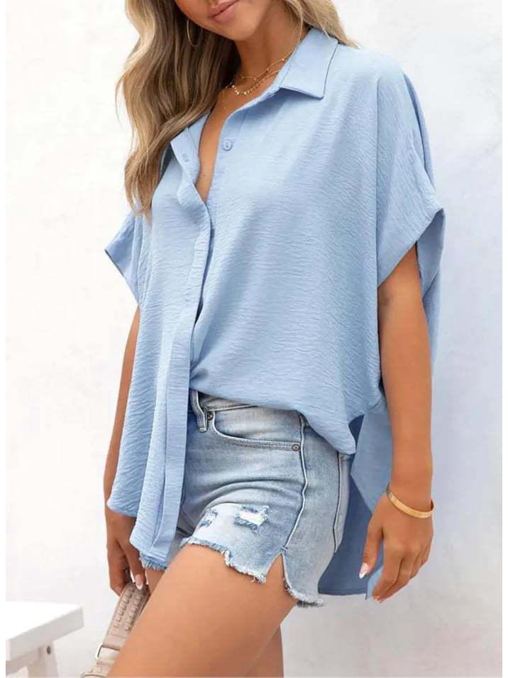 2025 Summer Women's Casual Solid Color Button Short Sleeve Shirt