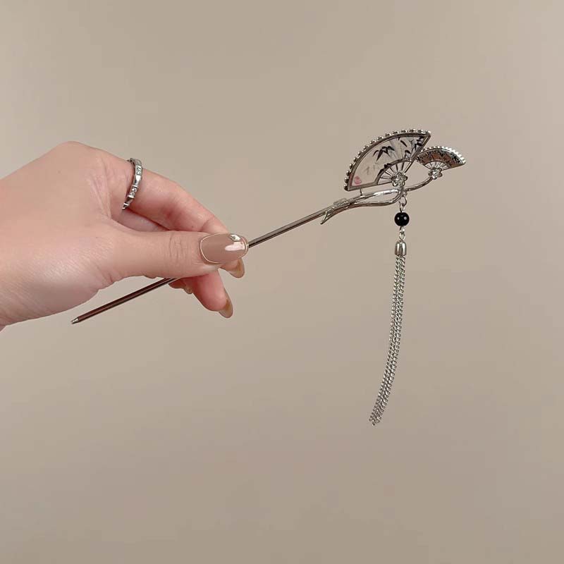 Metall Haarnadel mit Blume und Schmetterling im chinesischen Stil für Damen, Vintage, mit schwarzen Perlen und Fransen, Haarspange, Hanfu-Schmuck, Haarschmuck