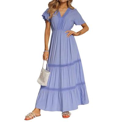 Women's V Neck Lace Trim Tiered Maxi Dress Short Flutter Sleeve Casual Summer Dress
