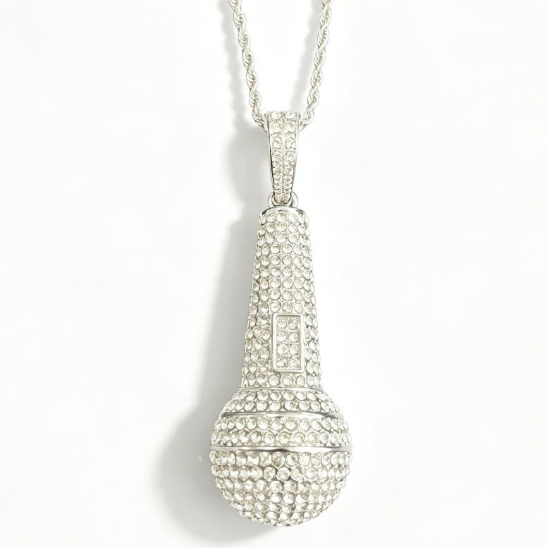 European and American Hip Hop Style Full Diamond Microphone Pendant Alloy Microphone Necklace Trendy Personalized Hip Hop Jewelry