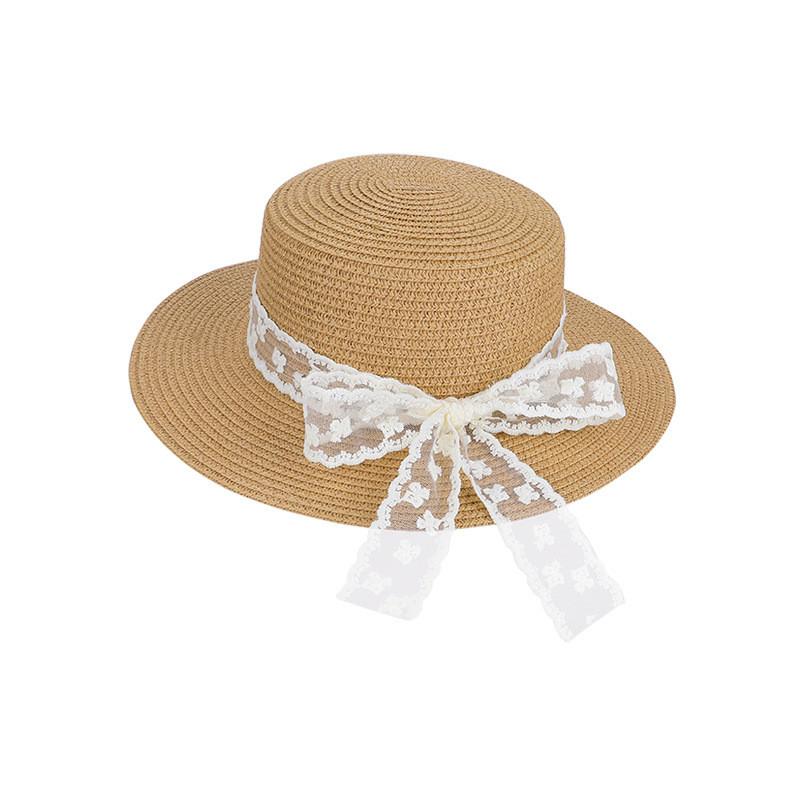 Summer Straw Hat With Lace Ribbon Large Brim Sun Protection For Beach Vacation Women