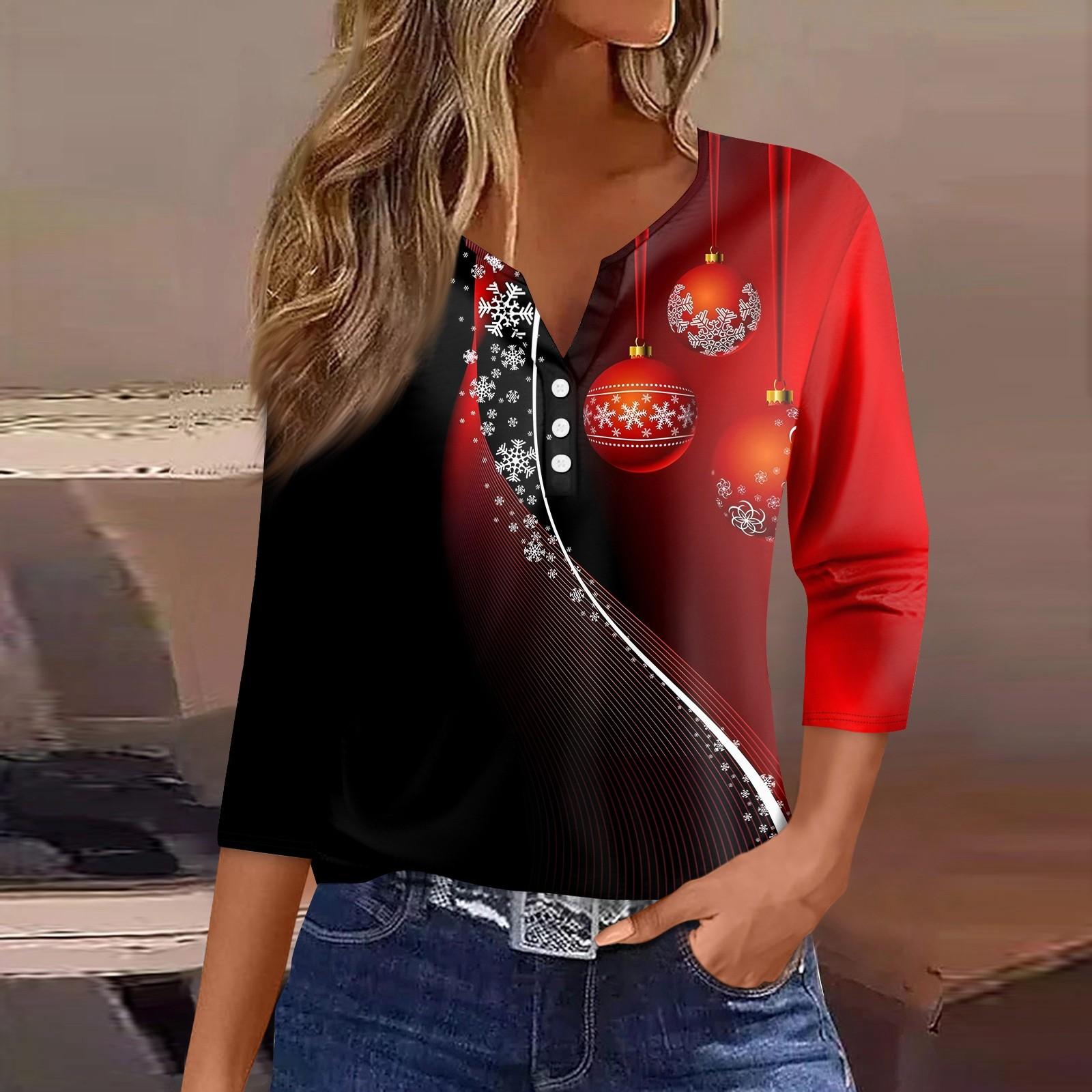 

Женская футболка с рождественским принтом, на пуговицах, рукав 3/4, повседневная мода на выходные, базовый топ с V-образным вырезом XL винный