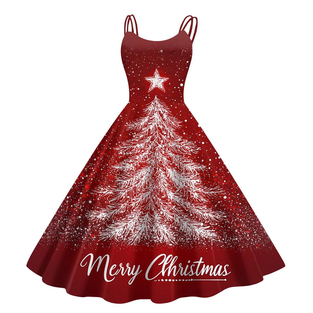 Children's Fashion Casual Christmas Print Sexy Off-the-shoulder Punk Retro Dress