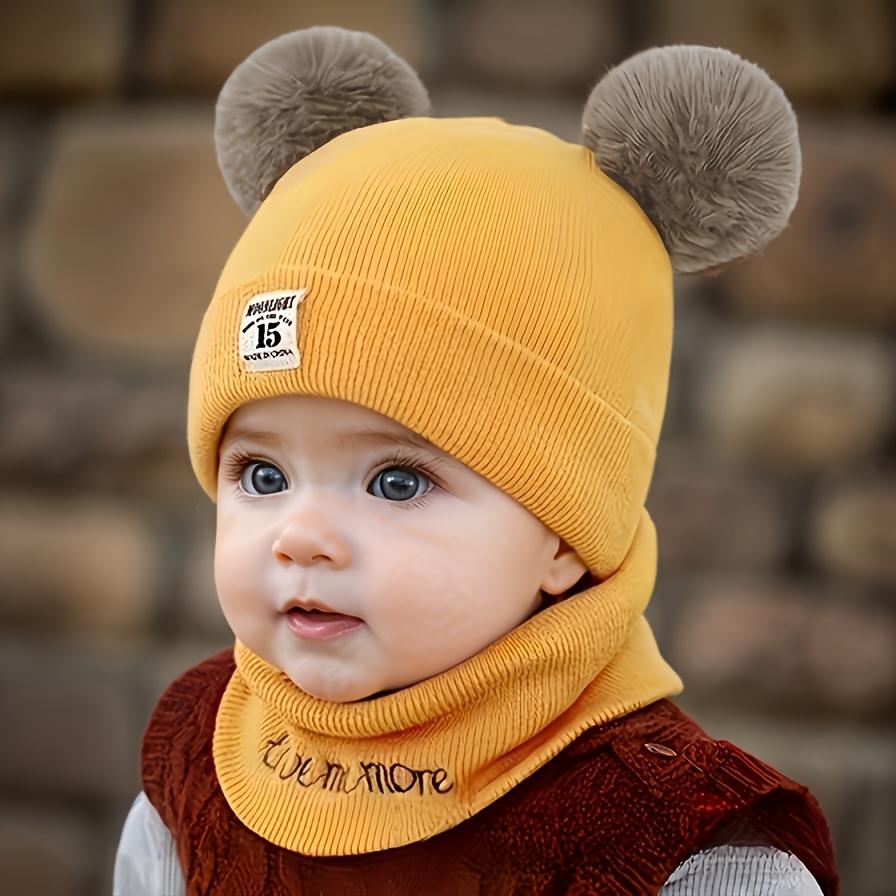 2pcs Winter Baby Hat Scarf Set Toddler Girl Boy Cap Knitted Beanie Fur Ball Cartoon Bear Snow Outfit Infant Accessories