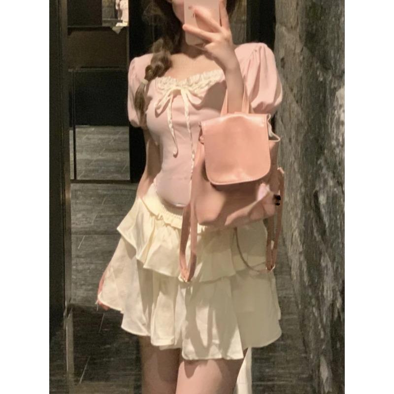 Sweet Kawaii Blouse Women Evening Party Elegant Y2K Crop Top Office Lady Casual Short Sleeve Shirt Korean Fashion Chic