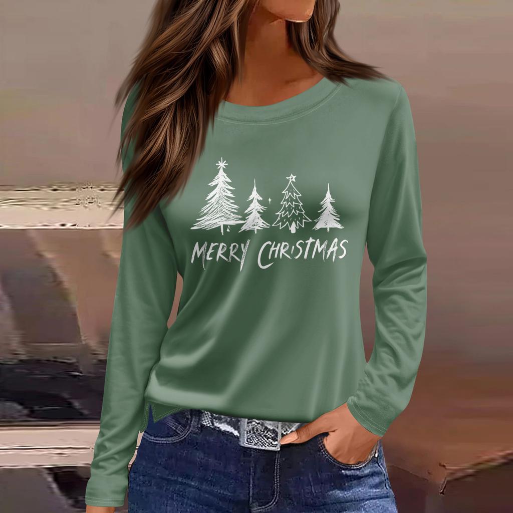 Women's Fashion Casual Slit Hem Round Neck Long Sleeve Loose Printed T-Shirt Ladies Top