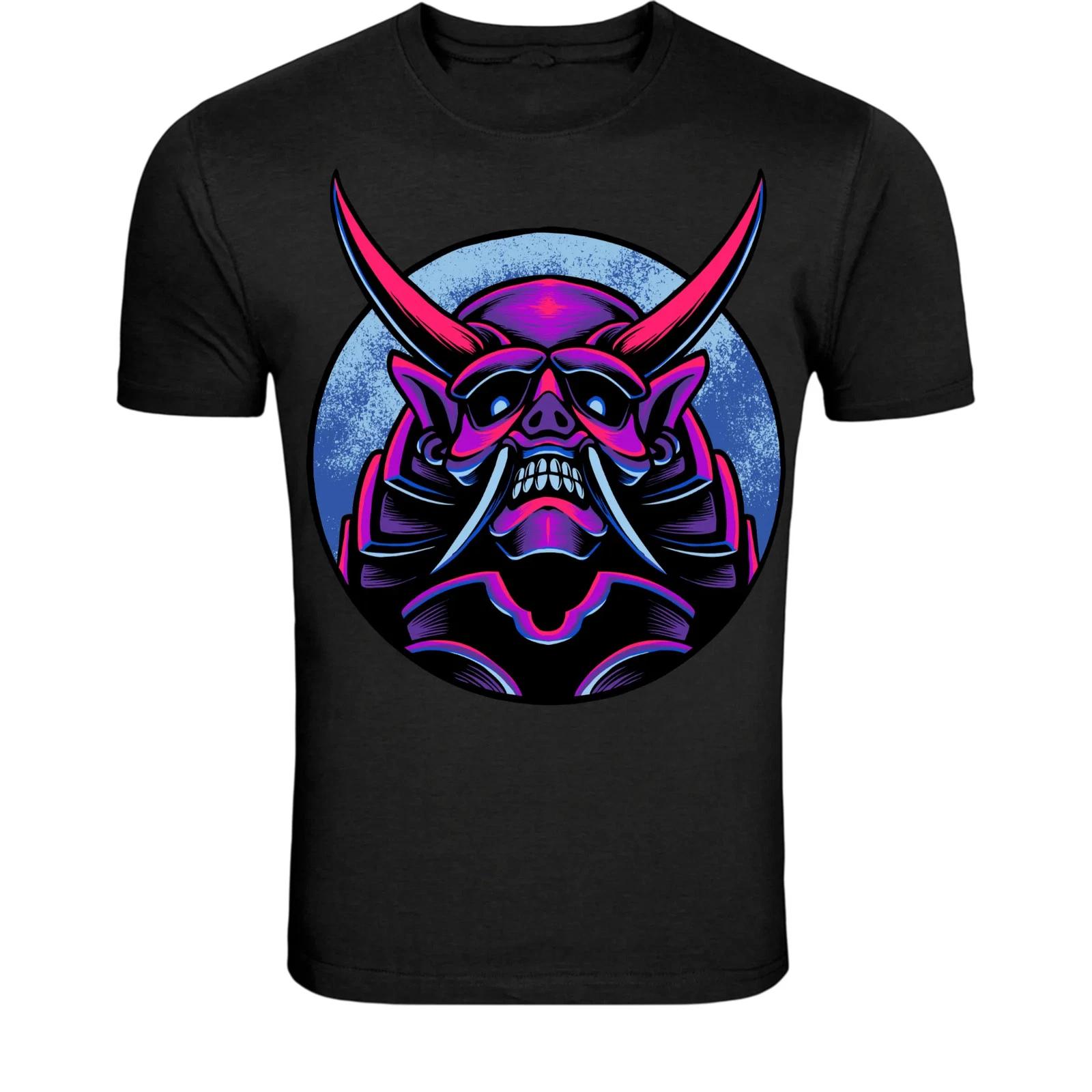 Neon Samurai Demon Mask T-Shirt - Cyberpunk Oni Graphic Tee XXXXL