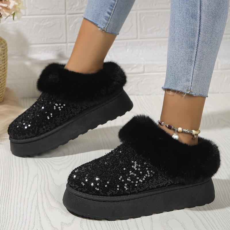 Women's Plus Size New Autumn Winter Chunky Sole Thickened Furry Snow Boots Sequin Upper