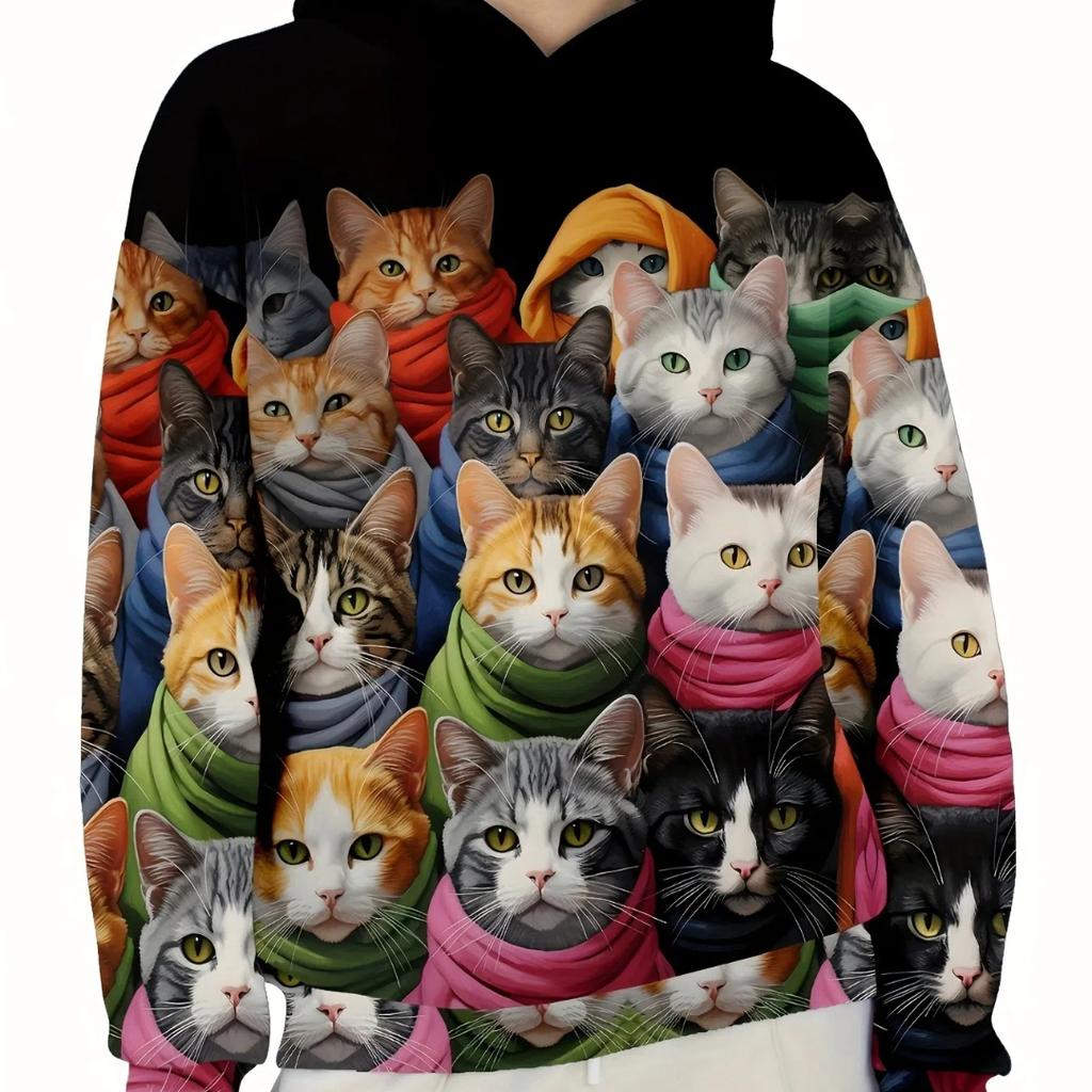 Womens Fashionable Cat Print Hoodie - Casual Long Sleeve Sweatshirt with Relaxed Fit and Warm Fleece Lining