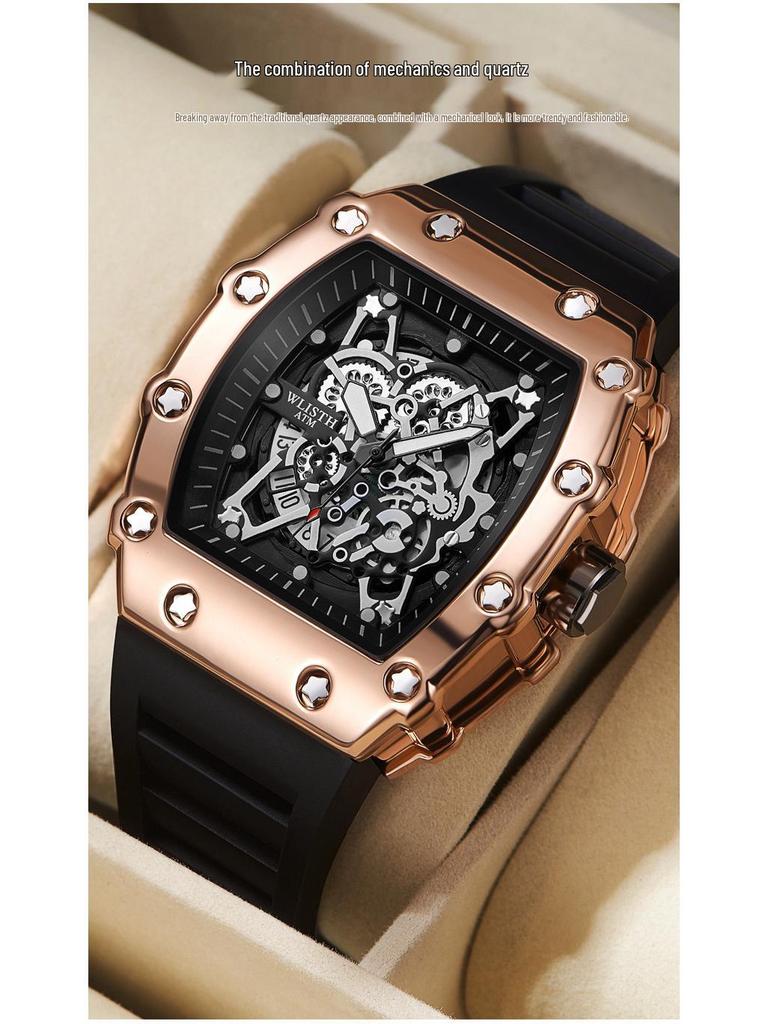 Swiss Brand Men's Sporty Mechanical Watch - Hollowed Large Dial, Luminous, Ideal for Students.