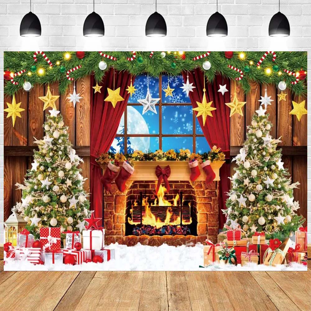 Christmas Fireplace Theme Decor Backdrop Winter Xmas Tree Gift Kids Portrait Family Party Photography Background Photo Studio