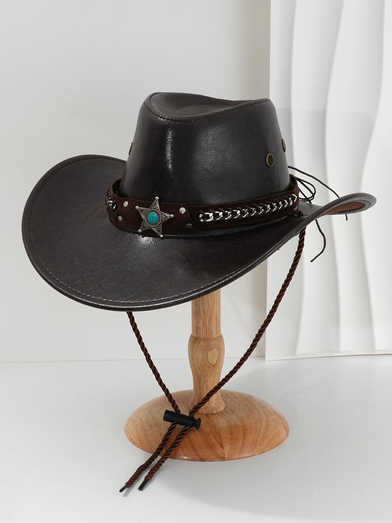 Popular Men's and Women's PU Leather Top Hat, Metal Silver Chain Buckle Star Gem Rhinestone, Houston Rodeo
