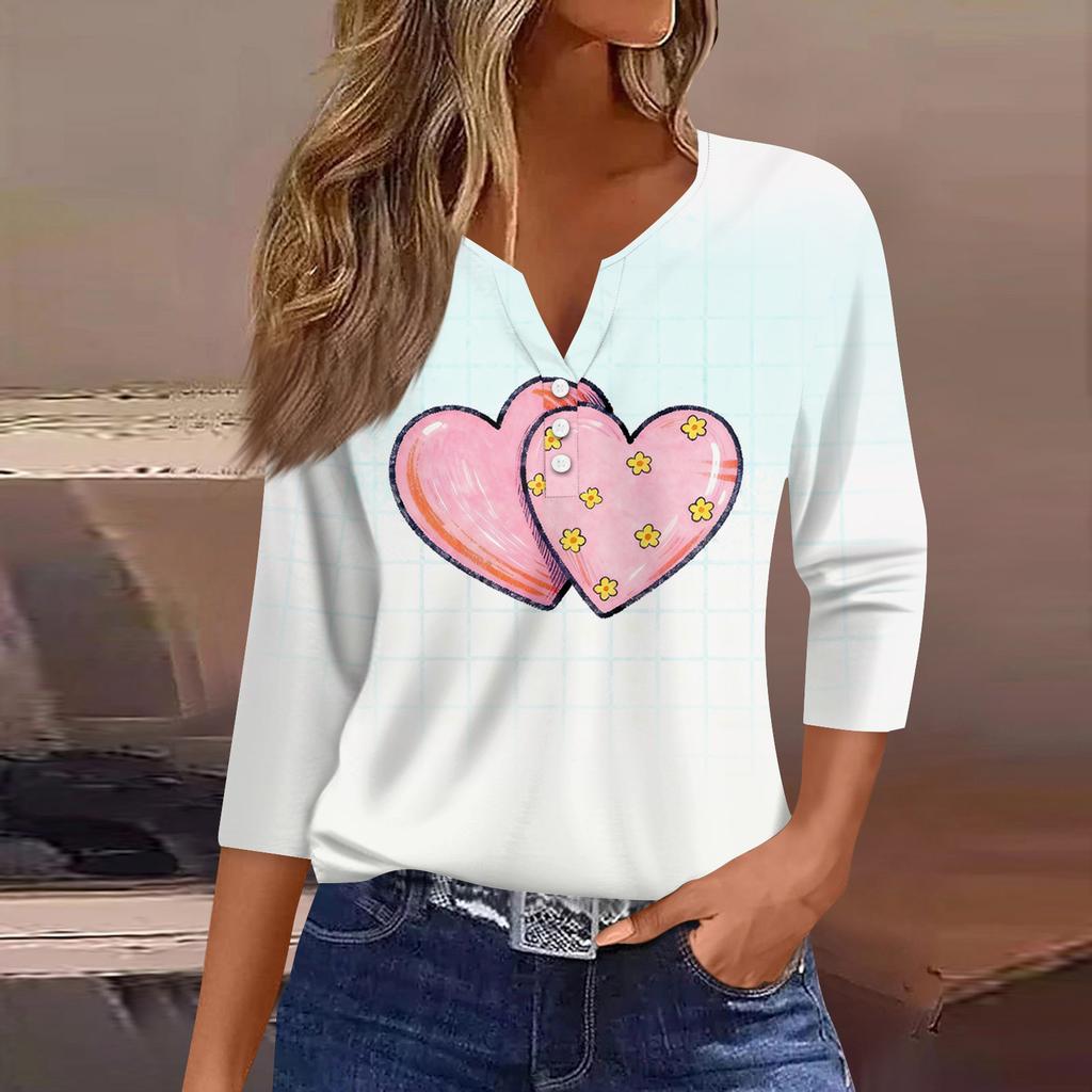 Women's Fashion Button-Up V-Neck Three-Quarter Sleeve Valentine's Day Print Top