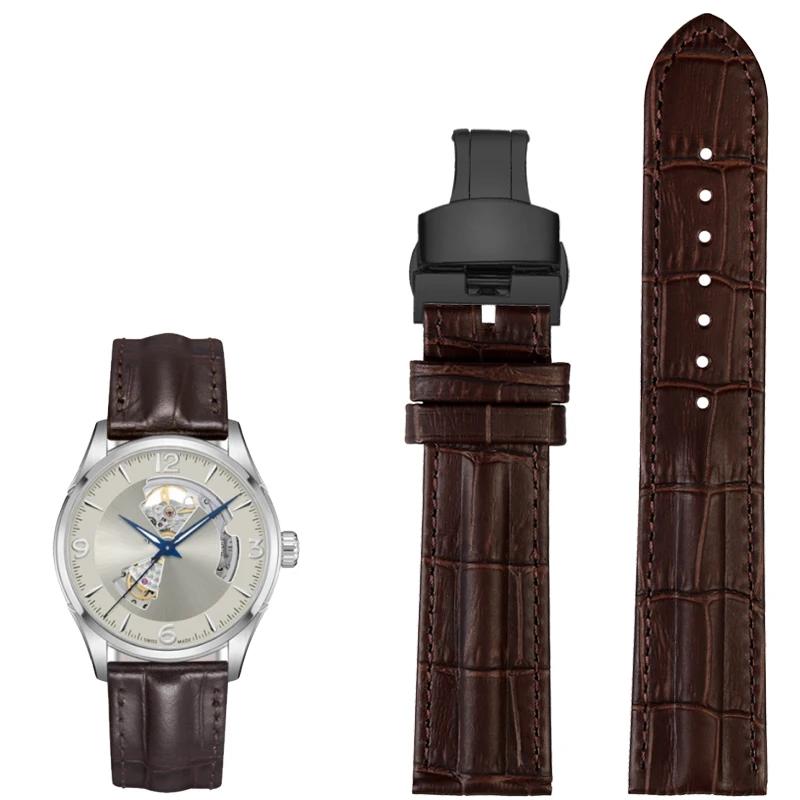 For Hamilton Genuine Leather WatchBand Khaki H7060573 Cowhide Bracelet Crocodile Skin Texture Strap 20mm 22mm Men's Black Brown