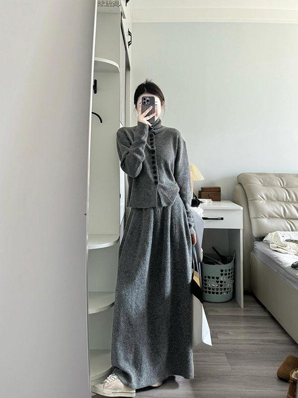Solid Color High Neck Sweater & Midi Skirt Two-Piece Set - Women's Autumn/Winter Loose Knit Korean Style Cardigan.