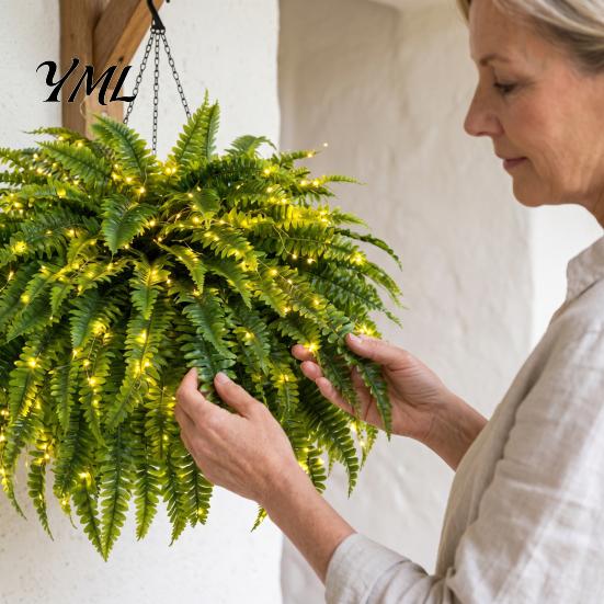 Artificial Plants for Balcony Pre-Lit Ferns with Warm LED Lights, UV Resistant Faux Hanging Garden Decoration Home Outdoor Patio Front Porch
