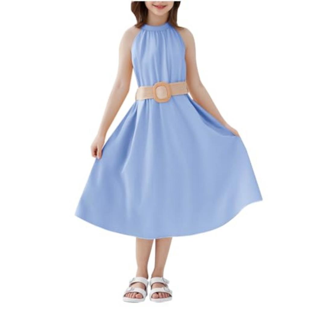Girls Casual -Neck Sleeveless Waist-defined One-Piece Dress