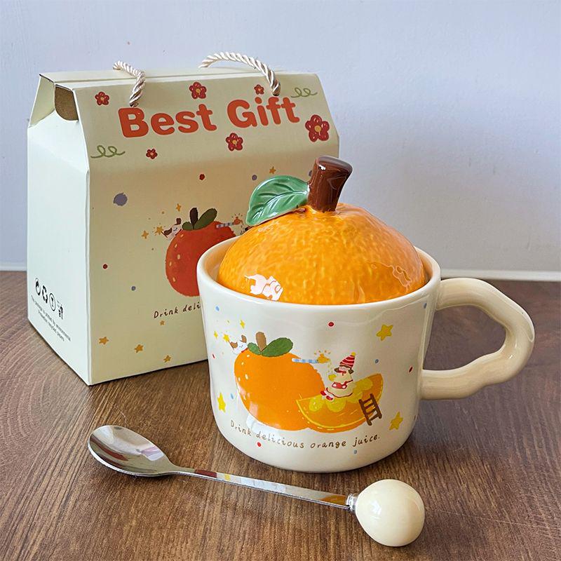 Large Orange Ceramic Mug with Lid & Spoon - Cute Gift for Girls & Best Friends, Perfect Birthday or Practical Souvenir.