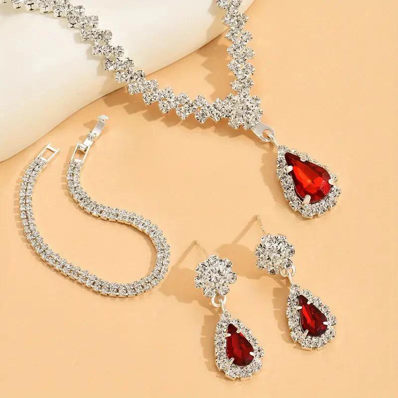 3pcs Set Red Water Dop Stone Necklace Earrings Bracelet Full Crystal Stone Necklace Blue Green Red Color Pendant Woment Zircon