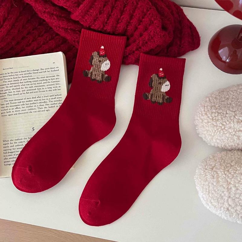 

1 пара носков с рисунком лошади, подарочные, многослойные, 2026, носки, мягкий красный хлопок до колена