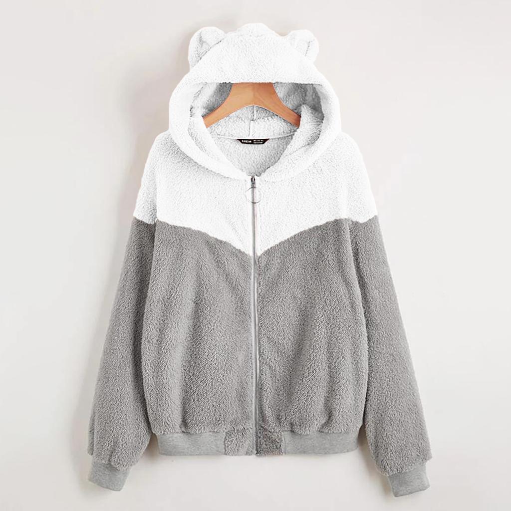 Women's Crew Neck Long Sleeve Hoodie Loose Fit Elegant Style Jacket Color Block Fuzzy Zip Up Casual Top
