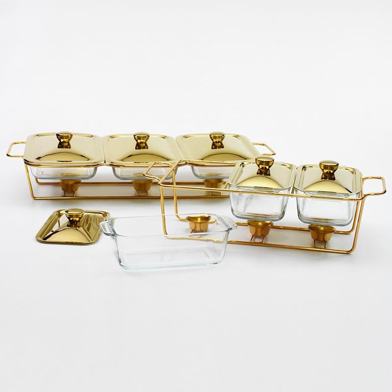 Restaurant Buffet Stove Chaffing Dish Golden Rectangular Three-Grid Glass Dining Stove Glass Heating Container