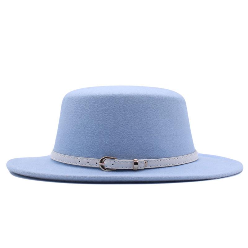 Hat Women's Woolen Top Hat Autumn and Winter Solid Color Retro Gentleman British Style Flat Top Belt Accessories Felt Hat