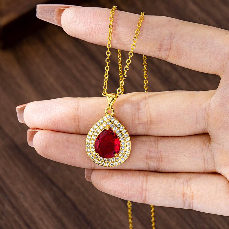 24K Gold Au999 Zircon-Inlaid Water Drop Necklace & Ring Set Women - Premium Pure Gold, Secure Zircon, Suitable For Daily