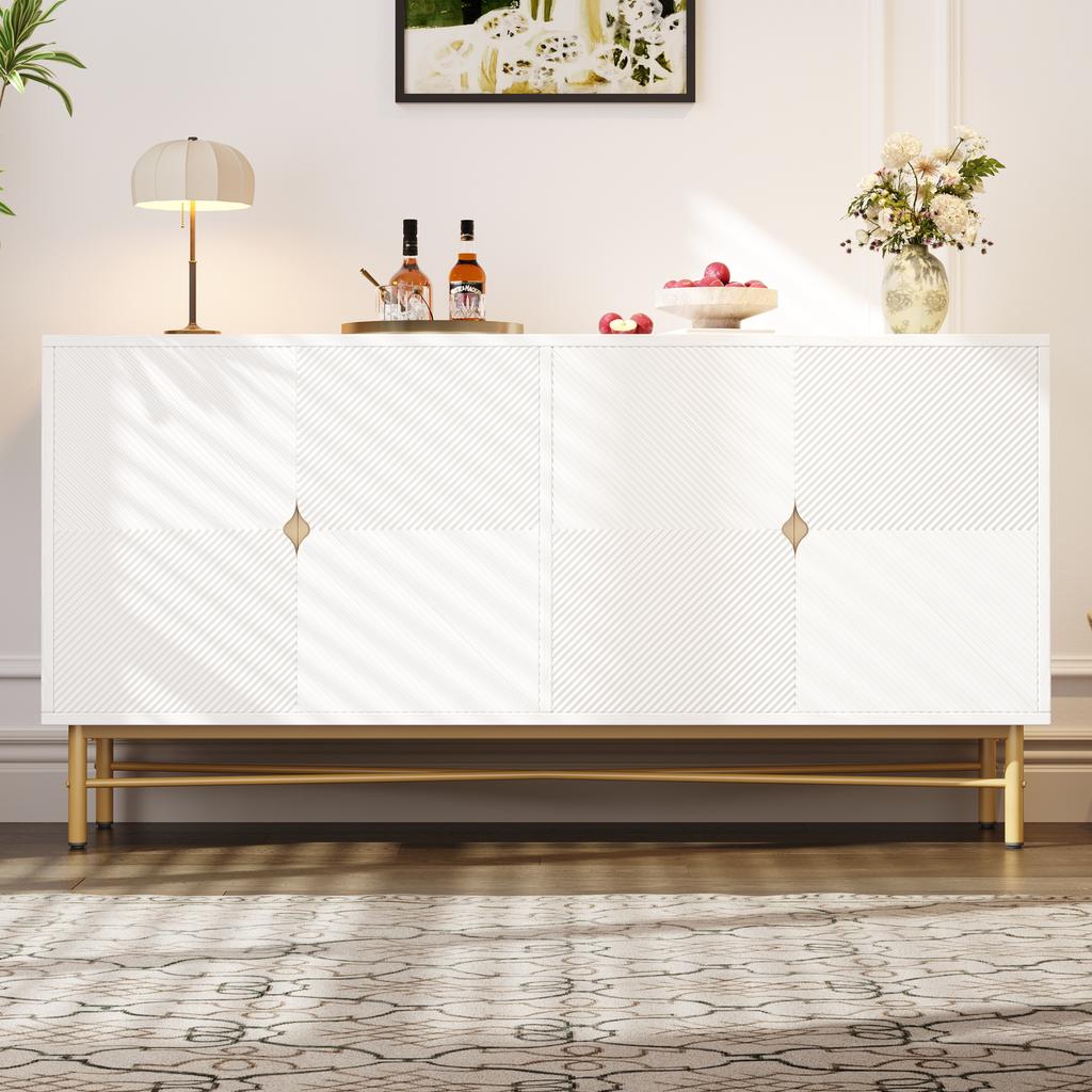 Sideboard with Raised Texture 160cm, with Four Doors, Golden Brushed Handles and High-Gloss Table Legs, White, 160×40×82cm(old sku N657P28156667W)