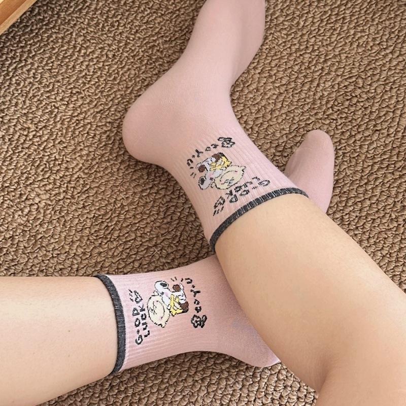 Cartoon Puppy Mid-calf Socks for Women with Contrasting Color Edges, Men and Women Wear Pure Cotton Retro Trendy Socks