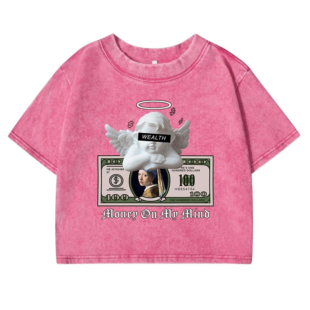 Angels And Money Creative Pattern Print Washed T-Shirt Female Street Cotton Tee Shirts Casual Crop Top For Woman