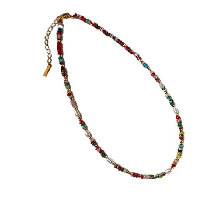 Colorful Natural Stone & Freshwater Pearl Beaded Choker Necklace for Women - Spring/Summer Collection